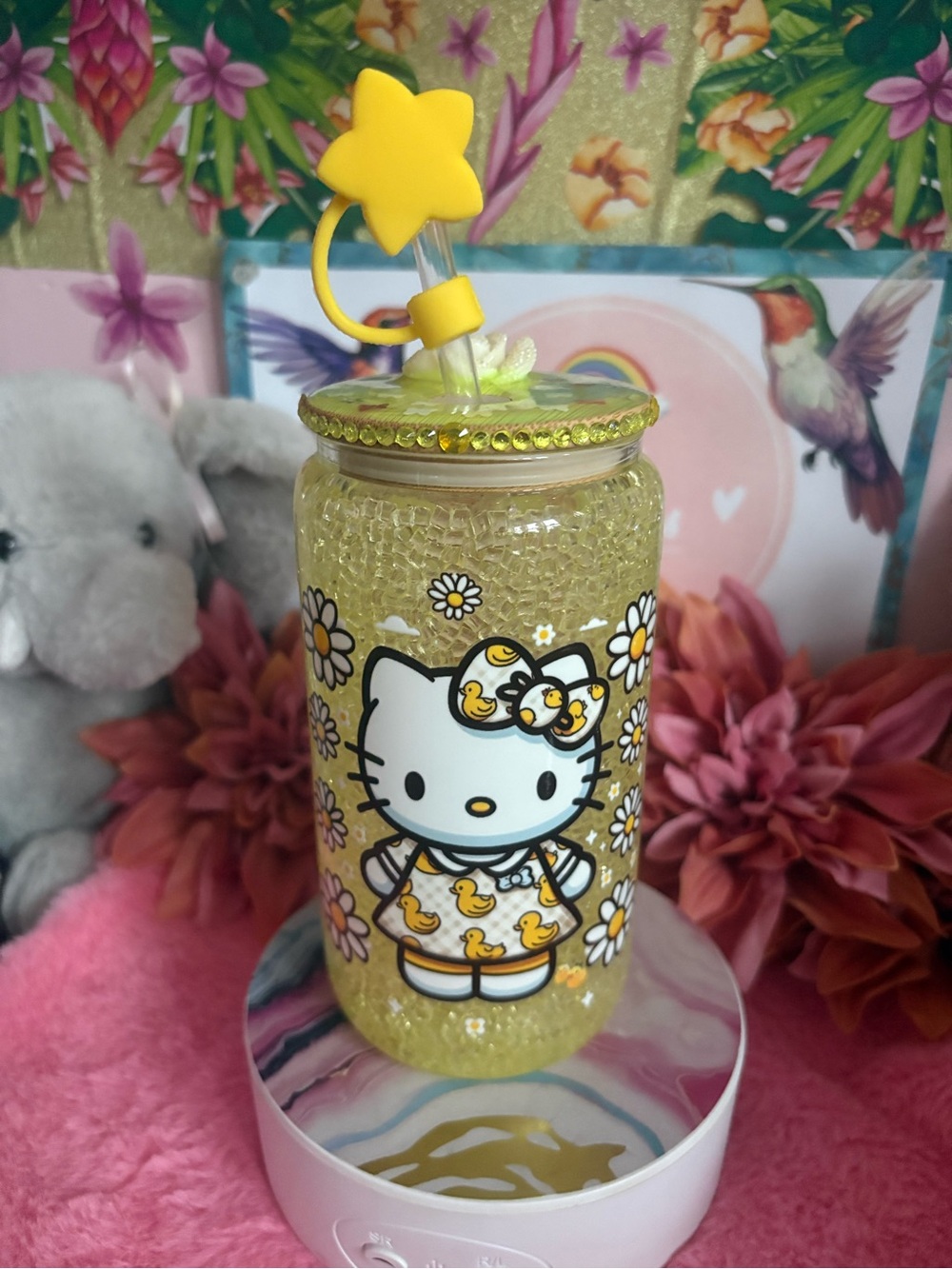 Hello Kitty Yellow Glitter Straw Bottle with Star Top